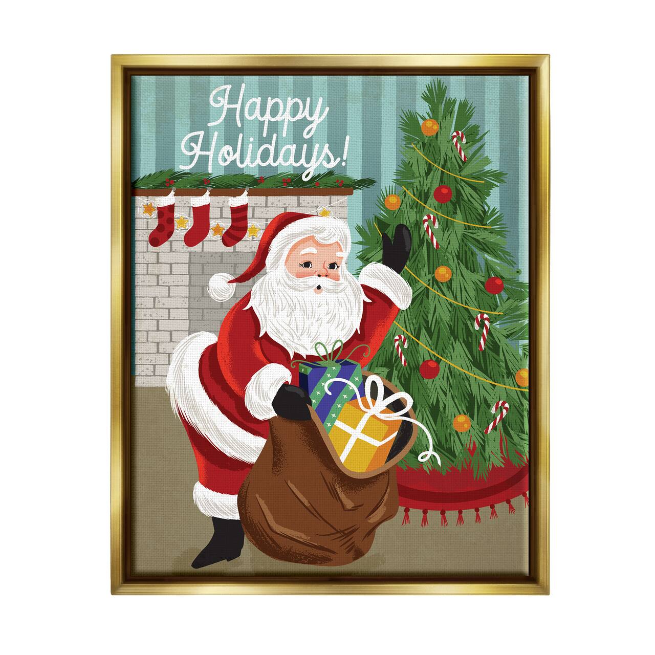 Stupell Industries Happy Holidays Santa Gift Bag Framed Floater Canvas Wall Art